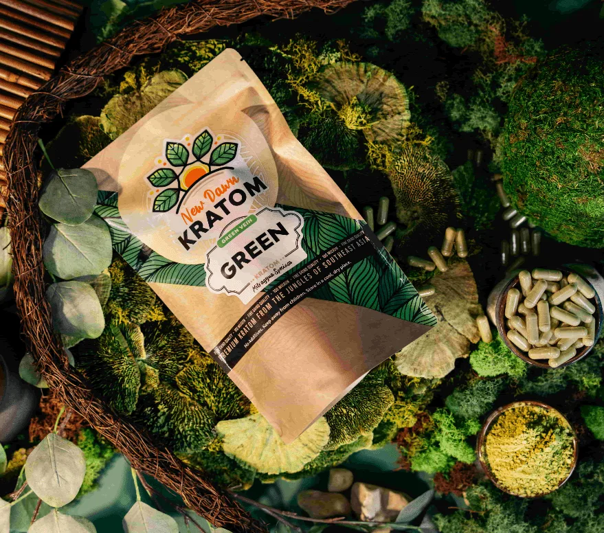 New Dawn Kratom's premium green kratom and packaging