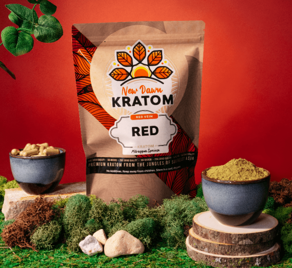 New Dawn Kratom's premium red kratom and packaging