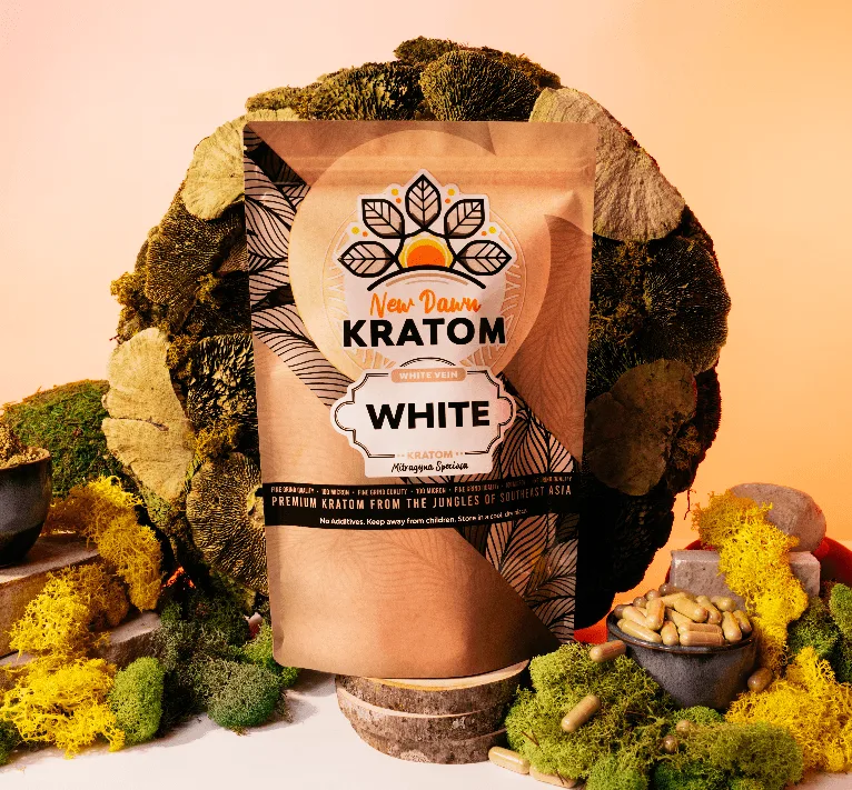 New Dawn Kratom's premium white kratom and packaging