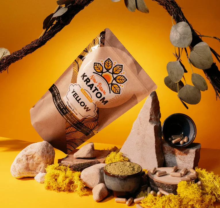 New Dawn Kratom's premium yellow kratom and packaging